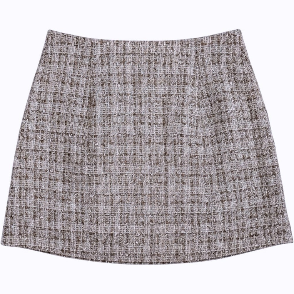 Goelia Tweed Jacquard Mini Skirt M Brown Tan Cream Plaid Old Money Preppy EUC